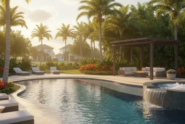 Custom pool with tropical landscaping in Central Florida at golden hour