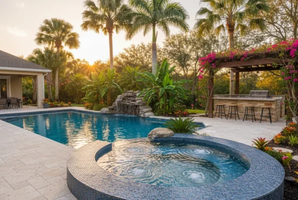 Custom inground spa with tropical landscaping in Central Florida backyard