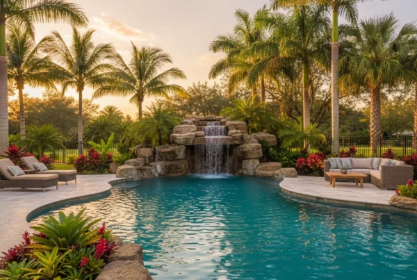 Custom lagoon pool with tropical landscaping in Central Florida backyard