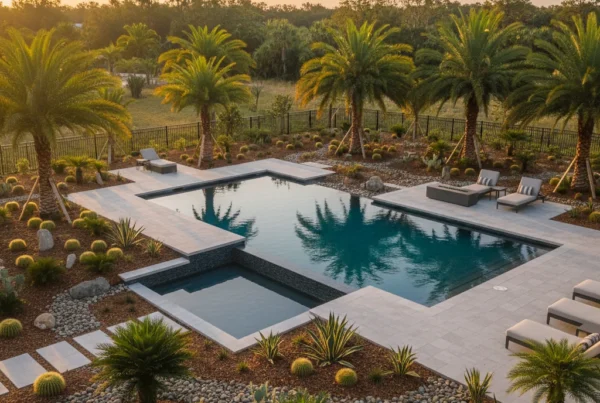 Custom pool with low maintenance landscaping in Central Florida backyard