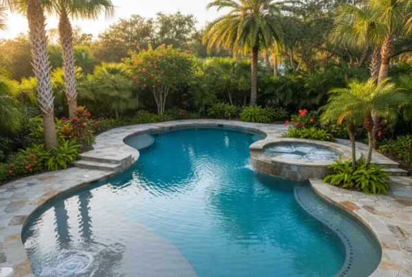 Modern freeform pool with tropical landscaping in Central Florida backyard
