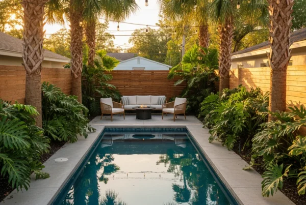 Modern small backyard pool with tropical landscaping in Central Florida