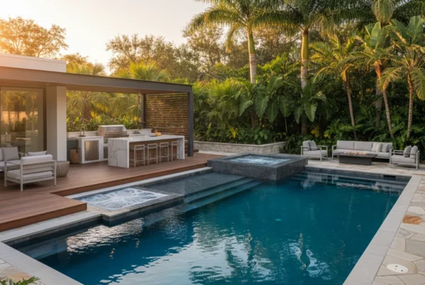 Modern custom pool with outdoor kitchen and tropical landscaping in Central Florida
