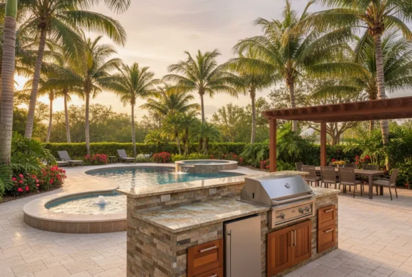 Custom outdoor kitchen and pool with tropical landscaping in Central Florida