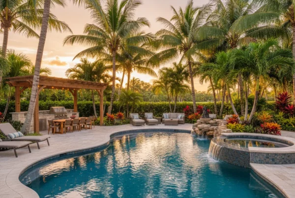 Custom pool and outdoor living area with tropical landscaping in Leesburg FL