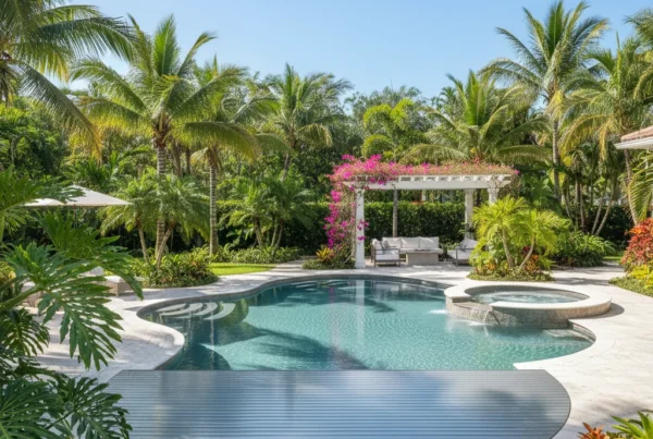 Custom pool with pool cover in tropical Leesburg Florida backyard
