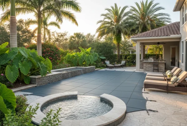 Custom pool with cover in Leesburg FL backyard with tropical landscaping