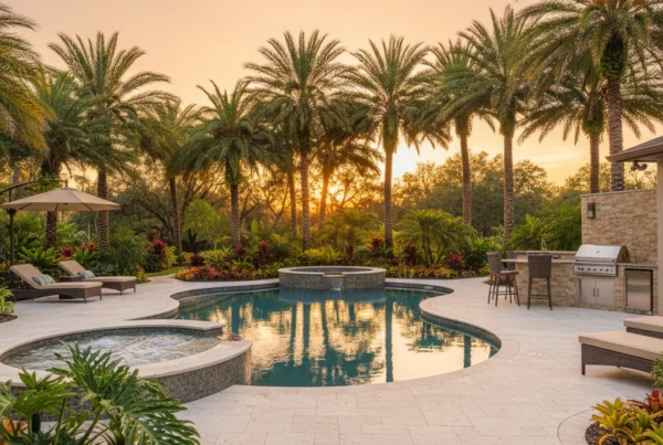 Custom pool deck with tropical landscaping in Leesburg Florida