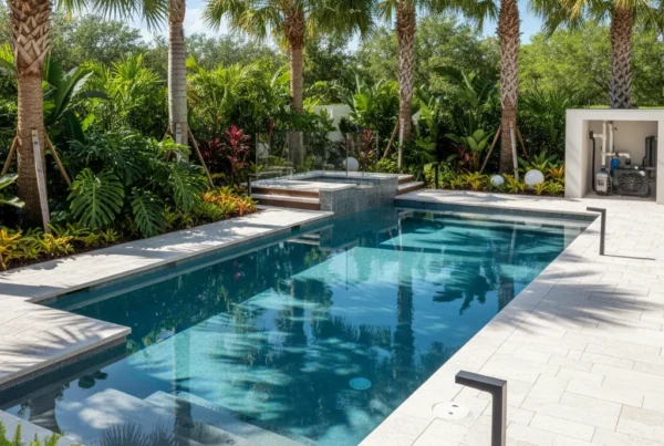 Custom pool with electrical lighting and tropical landscaping in Central Florida