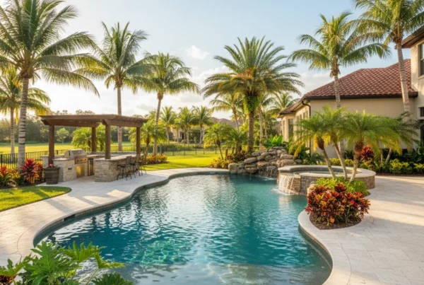 Custom pool and spa with tropical landscaping in Central Florida backyard
