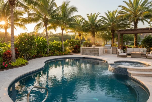 Custom pool with stainless steel ladder in Leesburg Florida backyard