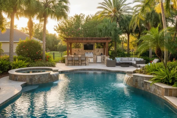 Custom pool and outdoor living area in Central Florida with palm trees