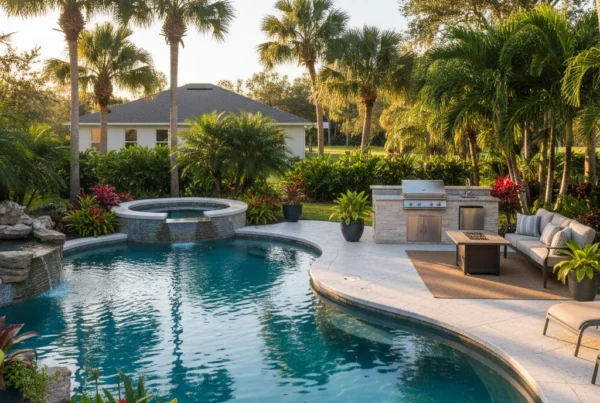 Custom pool and outdoor living area in Leesburg Florida with palm trees