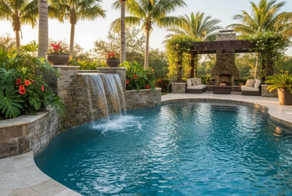 Custom pool with stone waterfall and tropical landscaping in Central Florida
