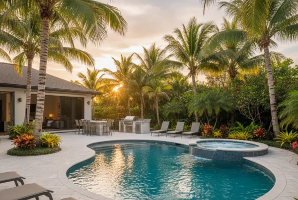 Custom pool with tropical landscaping and outdoor kitchen in Central Florida