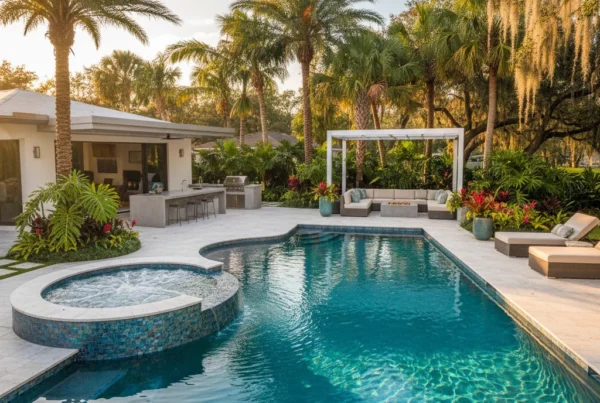 Custom saltwater pool with tropical landscaping in Central Florida backyard