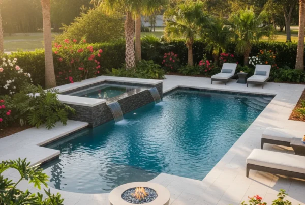 Slim spillover spa design in a small Leesburg FL backyard with tropical landscaping