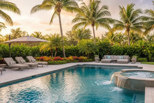 Custom pool with tropical landscaping and palm trees in Central Florida
