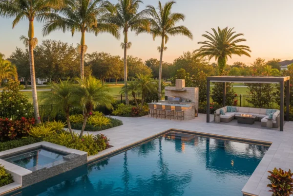 Custom vinyl liner inground pool with tropical landscaping in Central Florida
