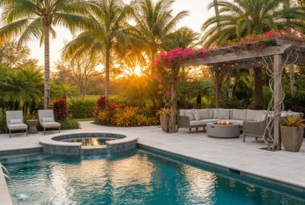 Custom pool with tropical landscaping in Central Florida at golden hour